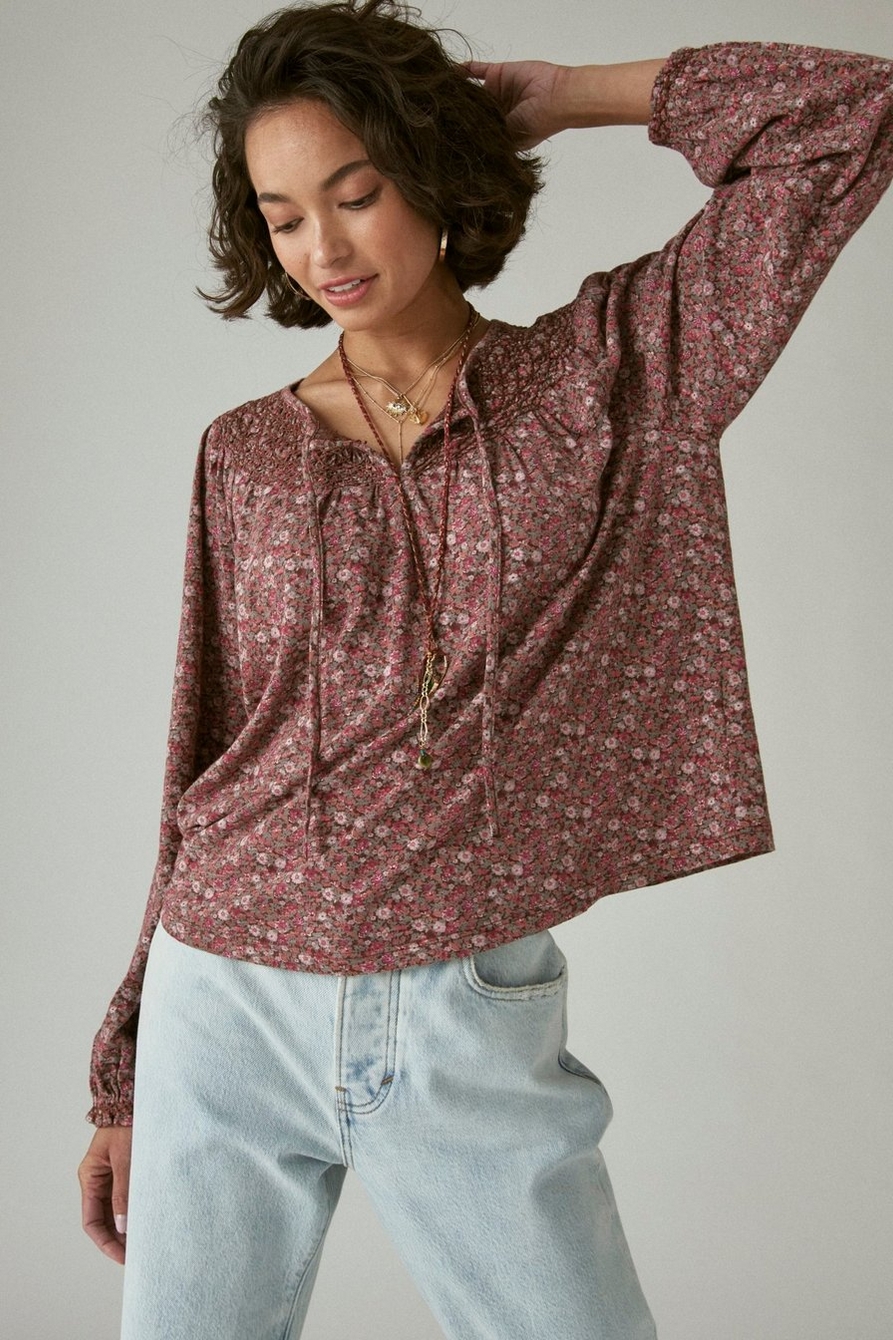 SMOCKED PEASANT NOTCH NECK TOP, image 2