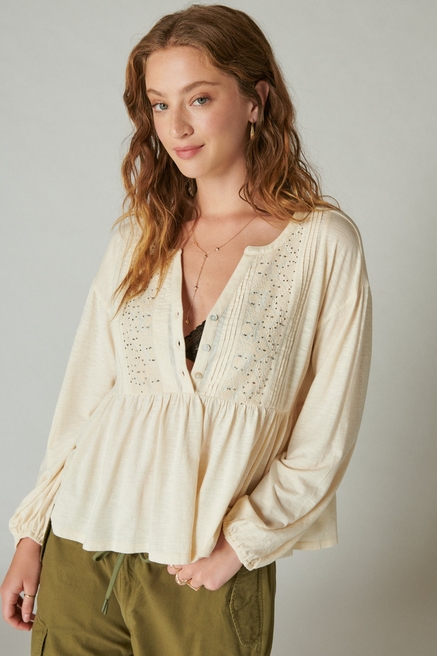 LUCKY BRAND $49 Womens New 1052 Beige Sheer Without Cami Long Sleeve Top XL  B+B 