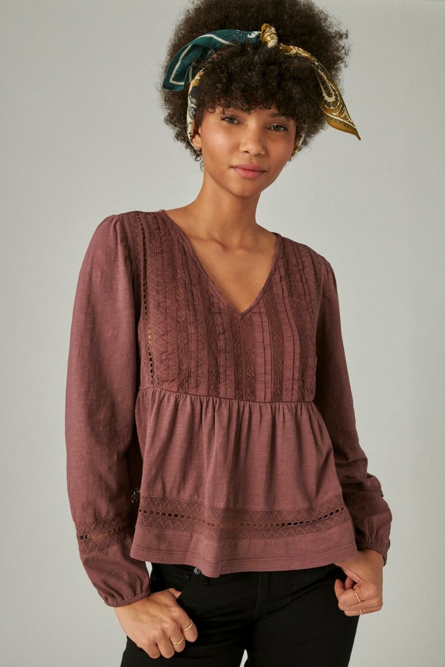 PINTUCK LACE LONG SLEEVE TOP, image 1