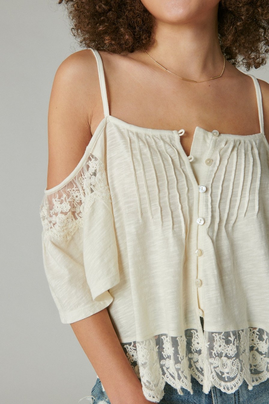 EMBROIDERED LACE COLD SHOULDER TOP