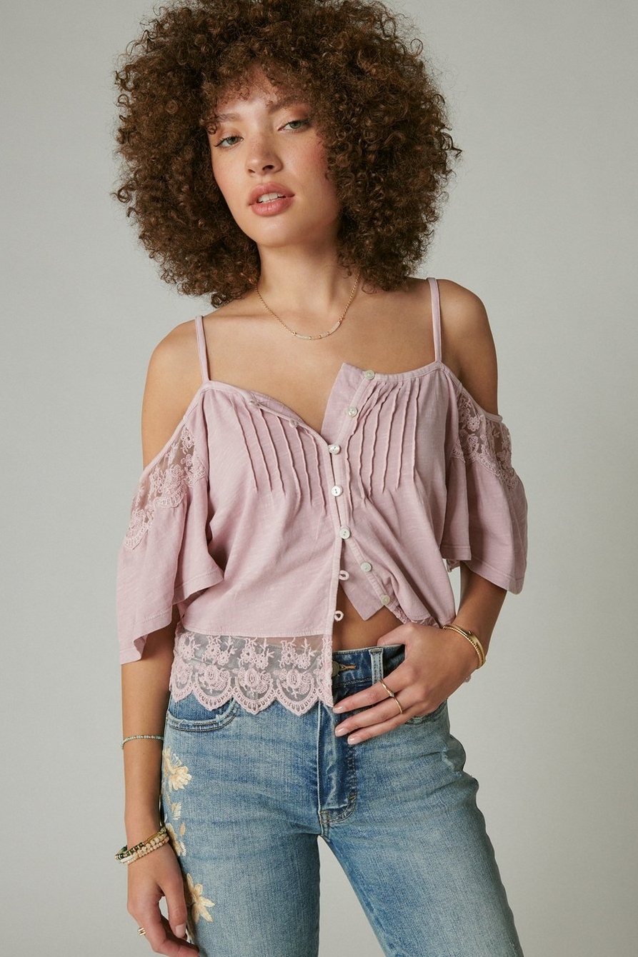 EMBROIDERED LACE COLD SHOULDER TOP