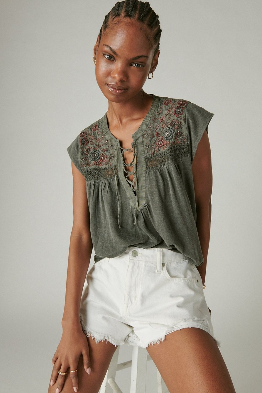 EMBROIDERED LACE UP TOP, image 2