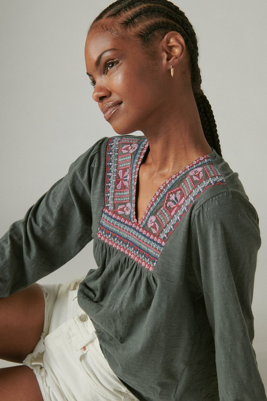 EMBROIDERED V NECK PEASANT TOP, image 1
