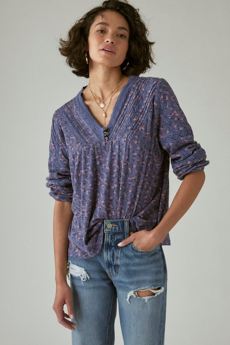 PRINTED INSET LACE LONG SLEEVE PEASANT TOP, image 2