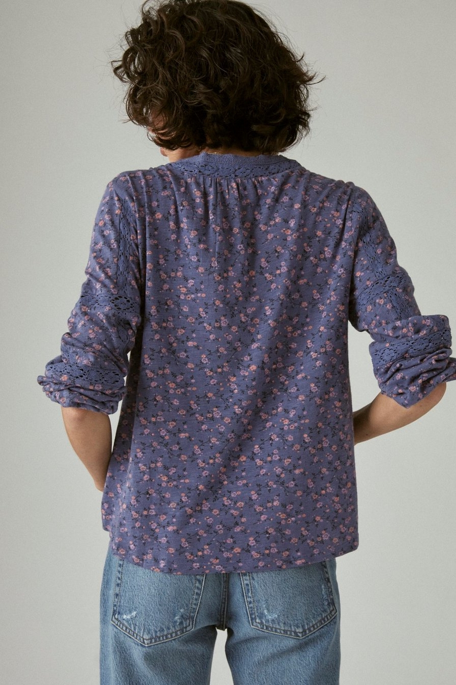 PRINTED INSET LACE LONG SLEEVE PEASANT TOP, image 3