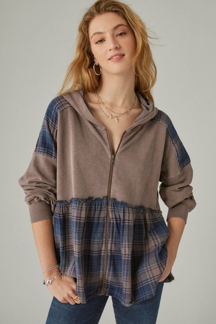 FRENCH TERRY PLAID ZIP UP HOODIE, image 2