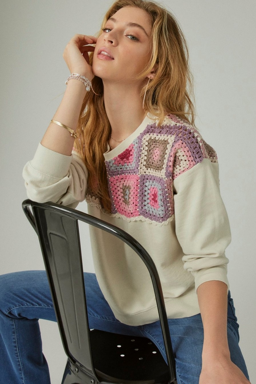 Lucky Brand Women's Crochet Yoke Pullover, Peyote, X-Small