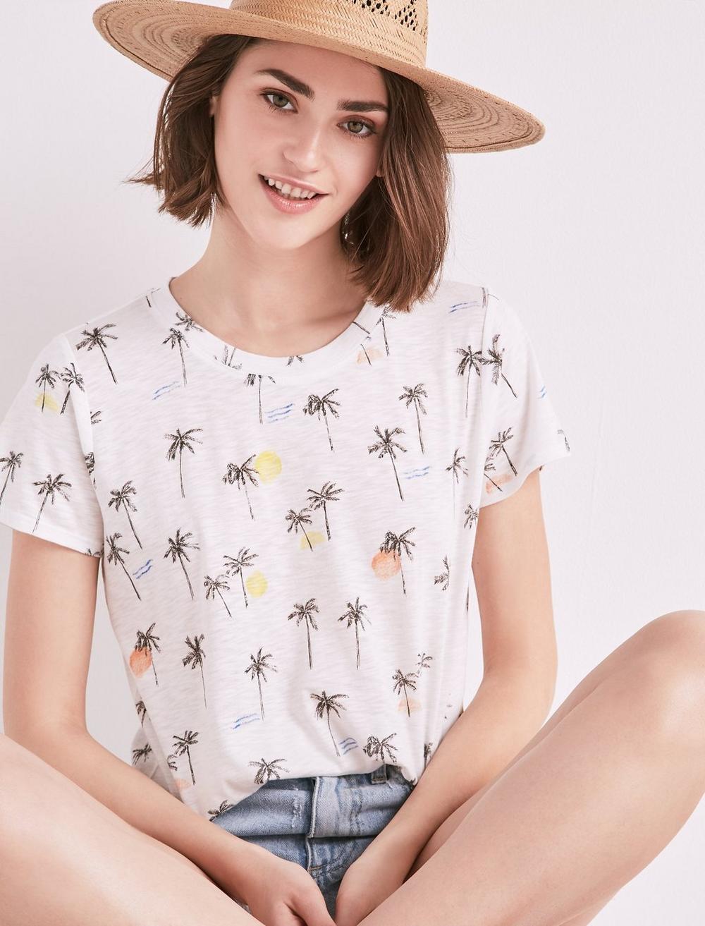 Lucky Brand Womens Embroidered Palm Tree Graphic Tee 