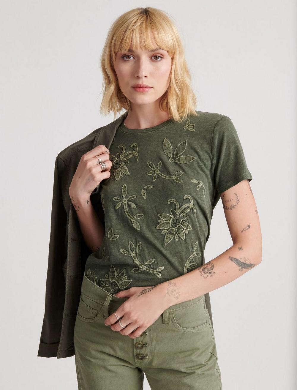 Lucky Brand Womens Placed Embroidery T-Shirt 