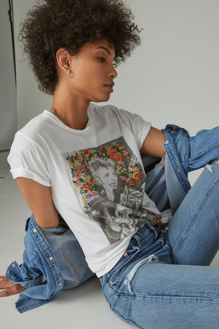 DAVID BOWIE EMBROIDERED ROSES BOYFRIEND GRAPHIC CREW, image 1