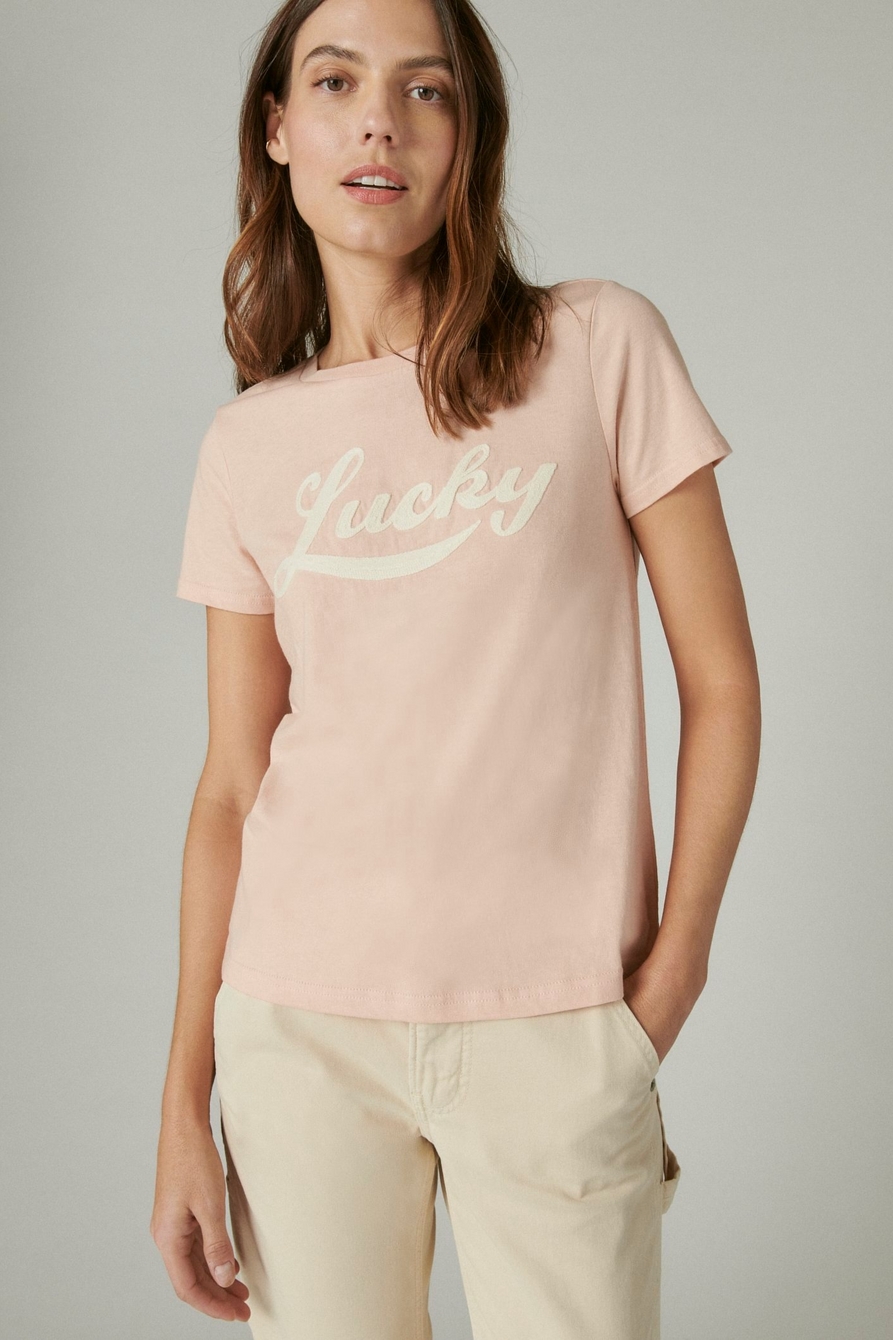 EMBROIDERED LUCKY SCRIPT CLASSIC CREW TEE, image 1