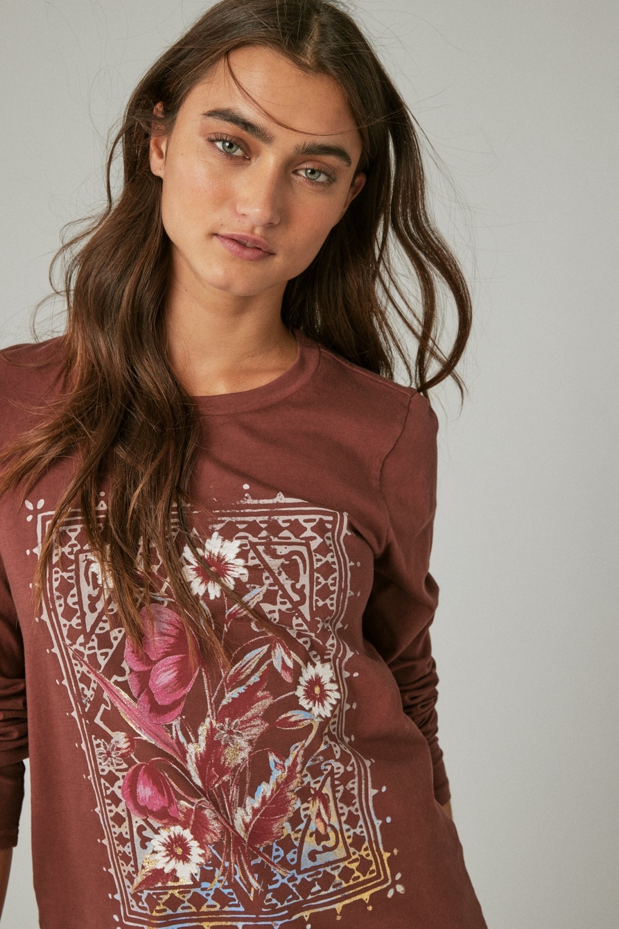 Lucky Brand Women's Tapestry Floral Long Sleeve Tee, Rum Raisin, Small at   Women's Clothing store