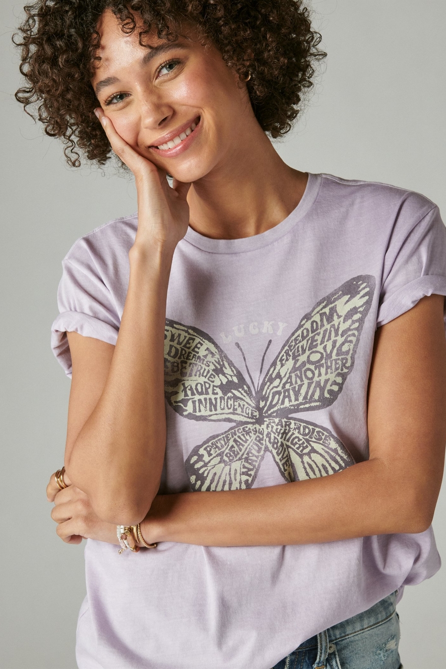 Lucky Brand Women's Studded Butterfly Graphic-Print Boyfriend T