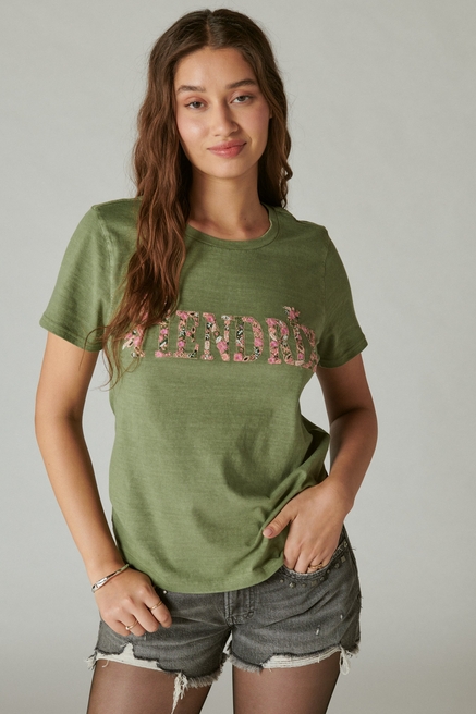 Lucky Brand Women's Square Neck Short Sleeve Shirt, Green Floral Medium 