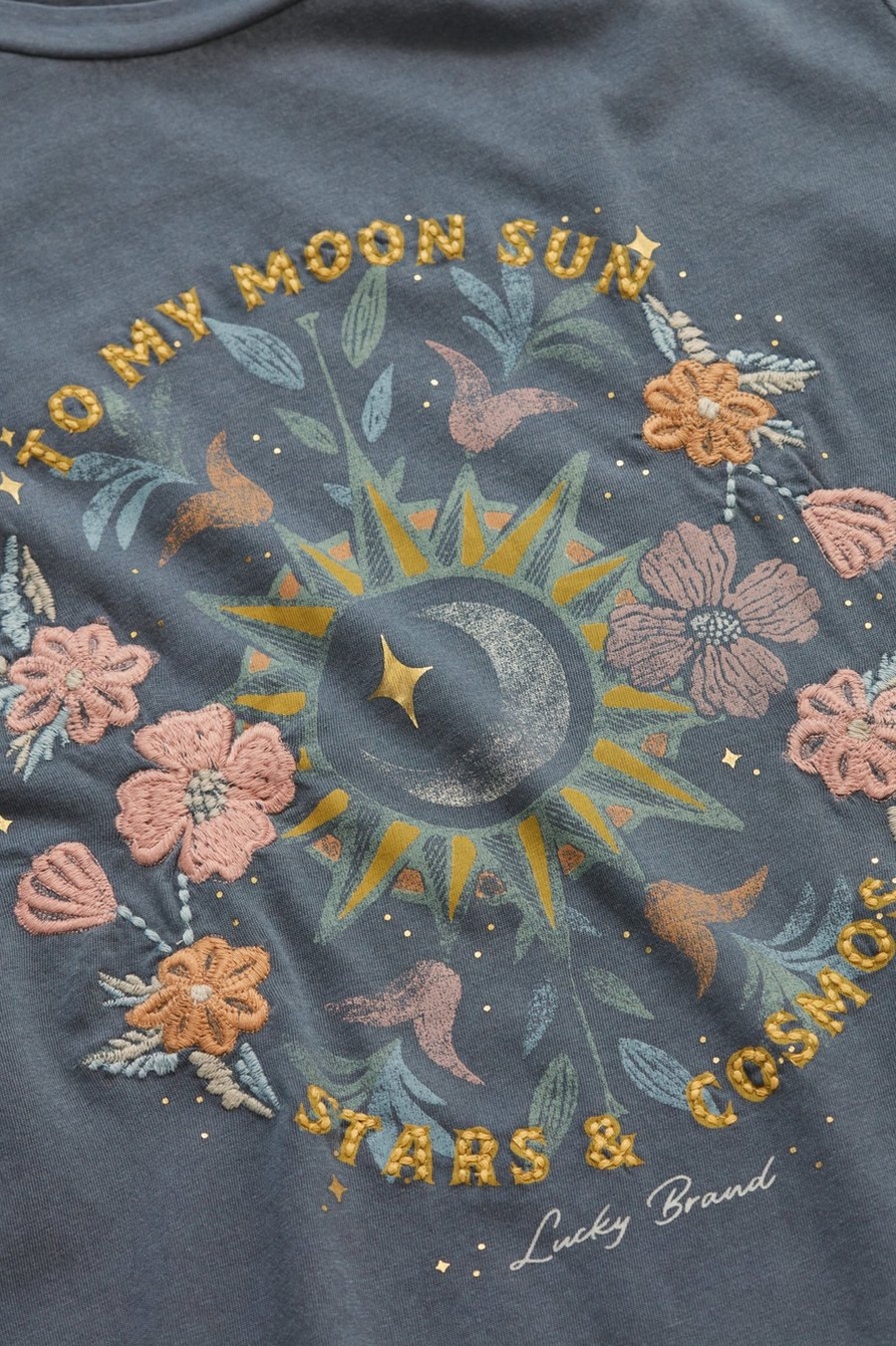 Lucky Brand Graphic Knit Flower Moon Crew Neck Short Sleeve