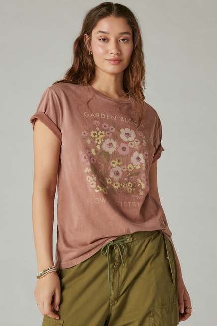 Lucky Brand Womens Floral Basic T-Shirt, Red, X-Small 