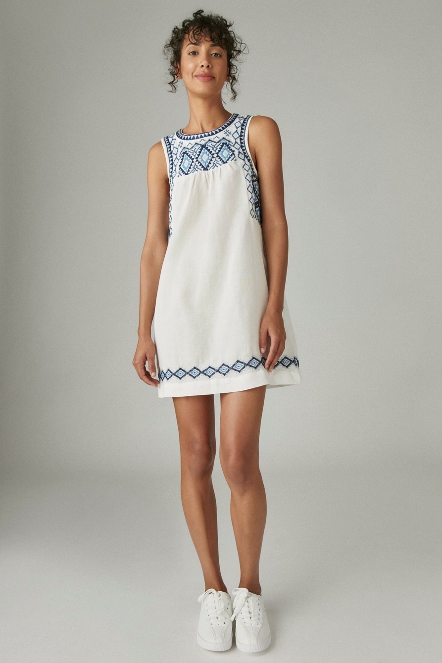 Lucky Brand Dress XS Blue Schiffli Embroidered Bib Sleeveless Women's Midi  $129