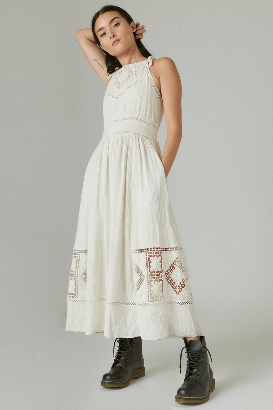 Lucky Brand Women's Lace Maxi Dress, Whisper White, X-Small