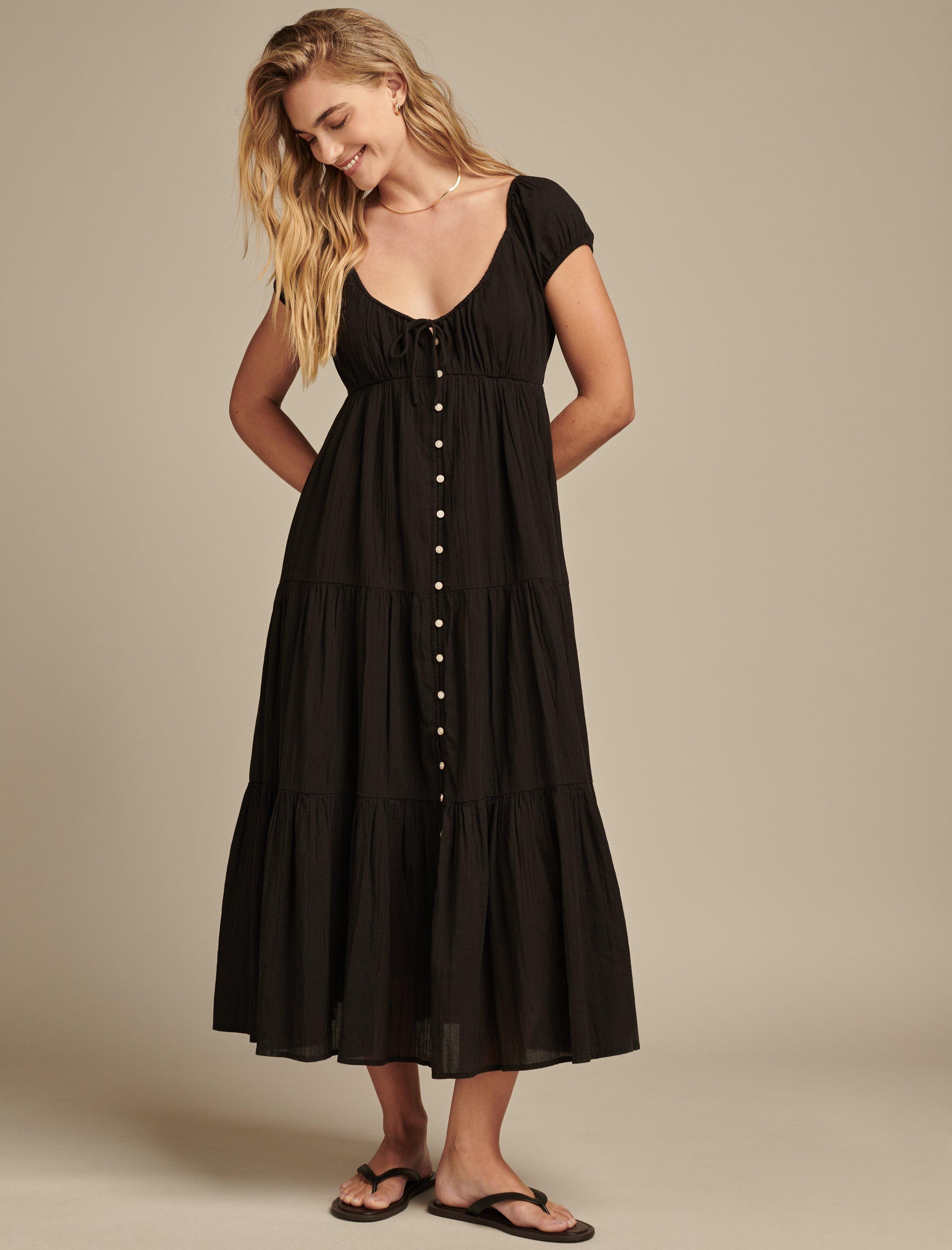 BUTTON FRONT TIERED MIDI DRESS