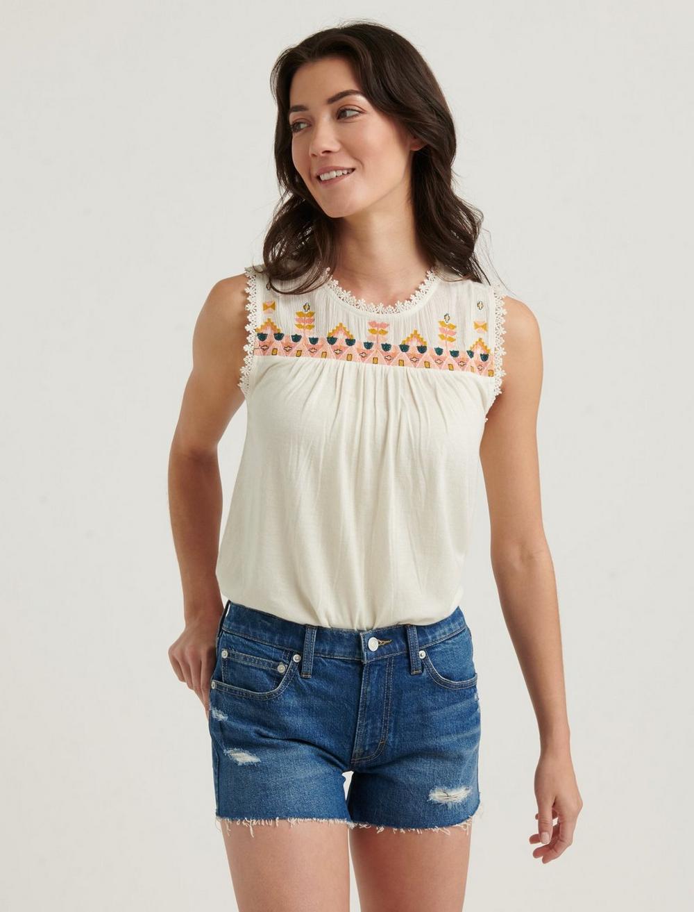 Lucky Brand Plus Size Tribal Embroidered Tank Top 2X White #4939 