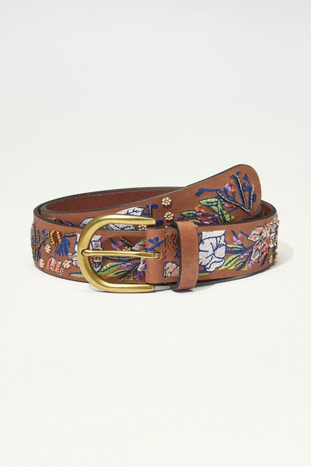 Ladies Floral Embroidery on Brown Leather/Suede Tassel Tie Belt 