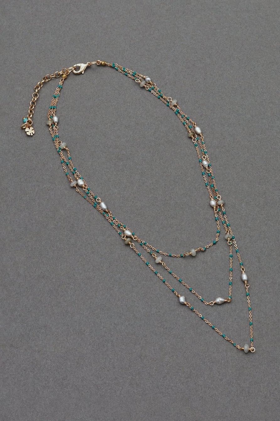 TURQUOISE AND PEARL DELICATE LAYER NECKLACE, image 1