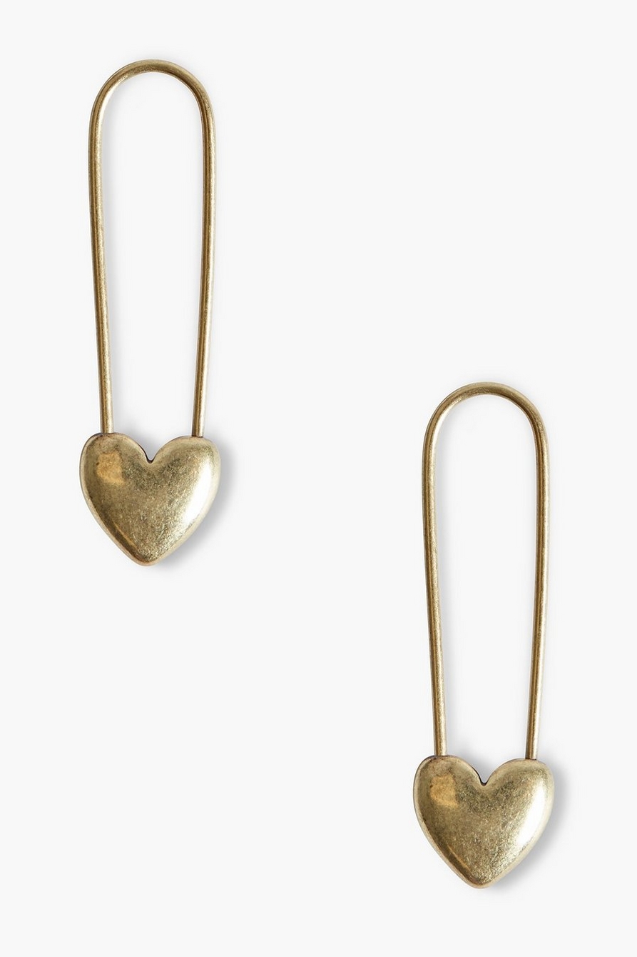 GOLD SAFETY PIN HEART EARRINGS, image 1