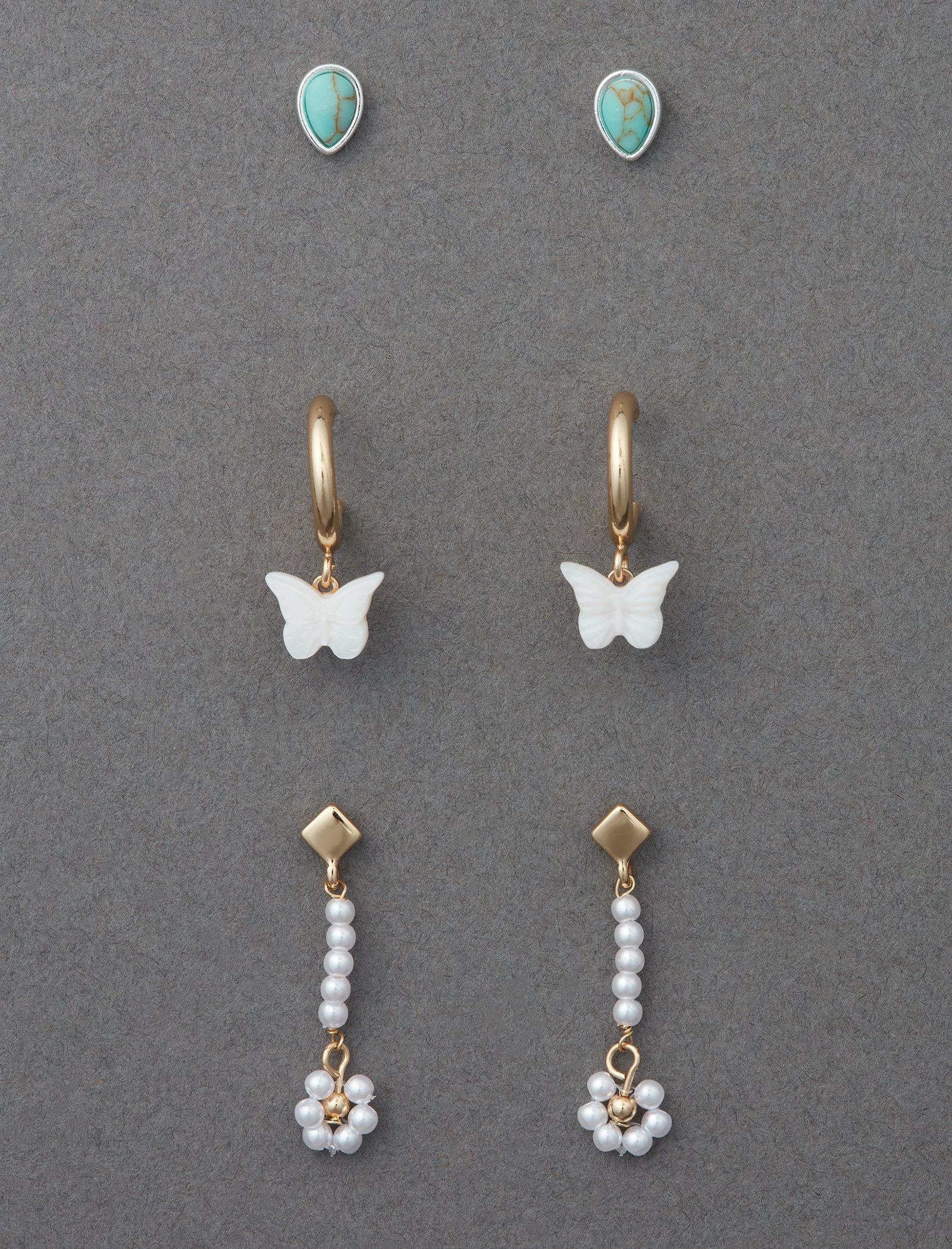 PEARL AND BUTTERFLY EARRING TRIO