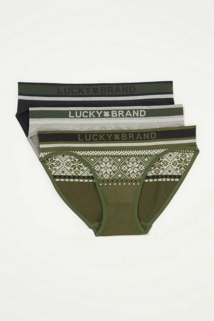 3-Pack Lucky Brand Fair Isle Logo Ribbed Seamless Womens Thong