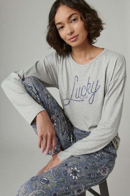 Lucky Brand Women's Sz 2XL (XXL) Printed 4 Piece Pajama Set Gray