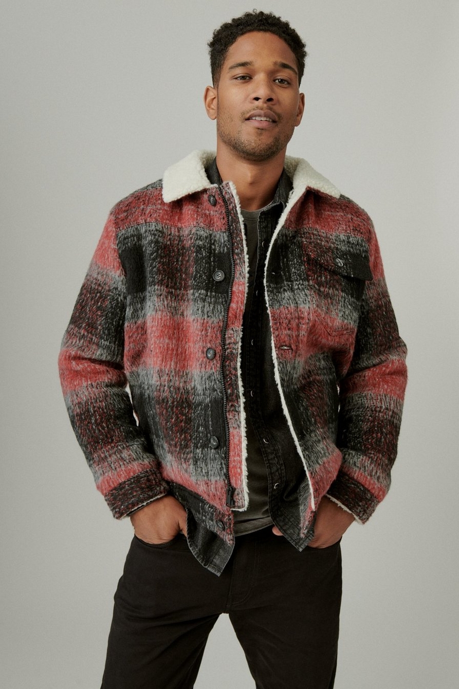 FAUX SHEARLING LINED WOOL PLAID TRUCKER, image 1
