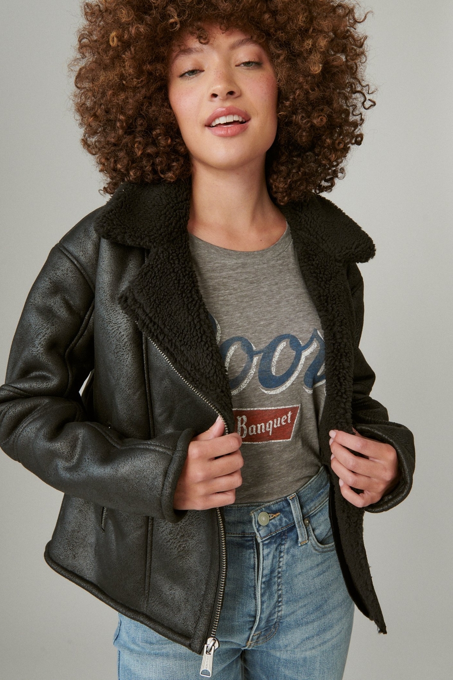 Suede Faux Shearling Moto Jacket, image 1