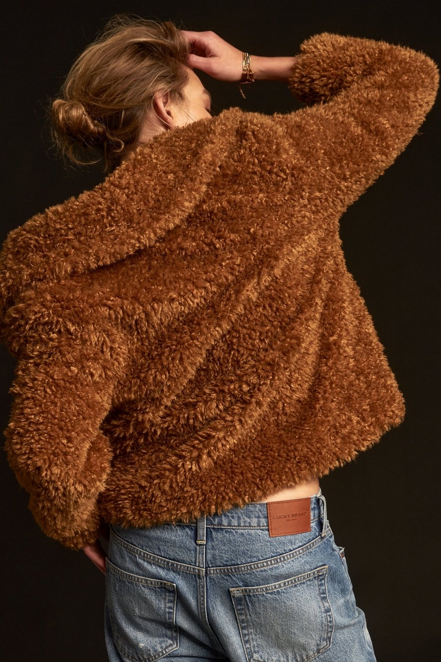 Lucky Brand Faux Fur Women Camel Oversized Teddy Shacket Jacket SzL