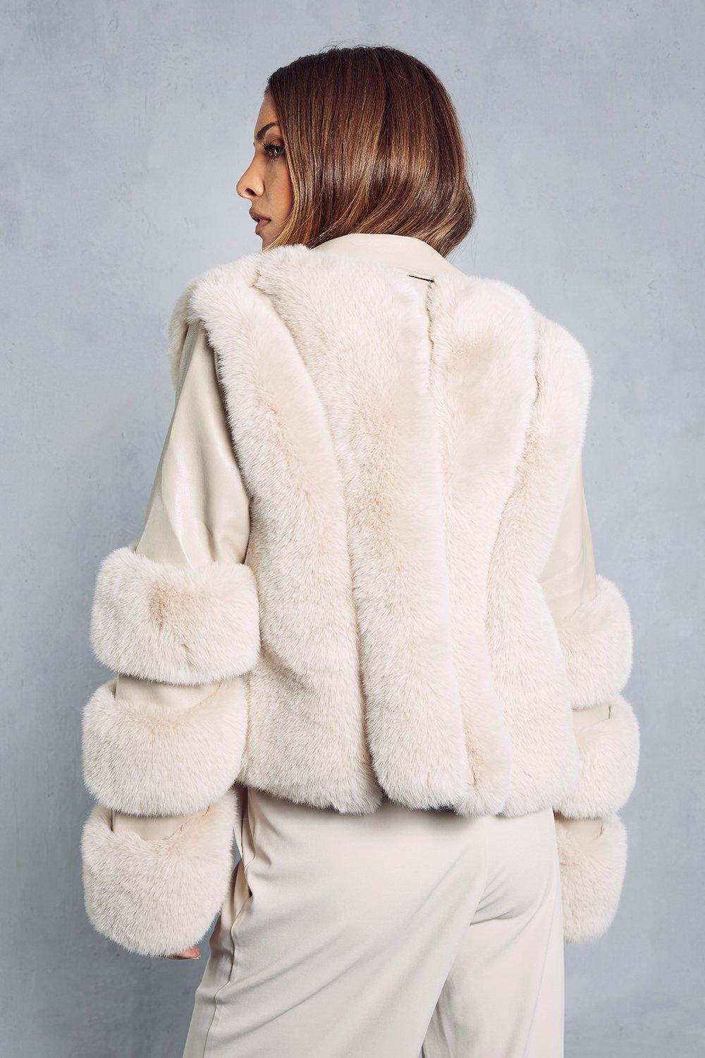 beige faux fur biker jacket