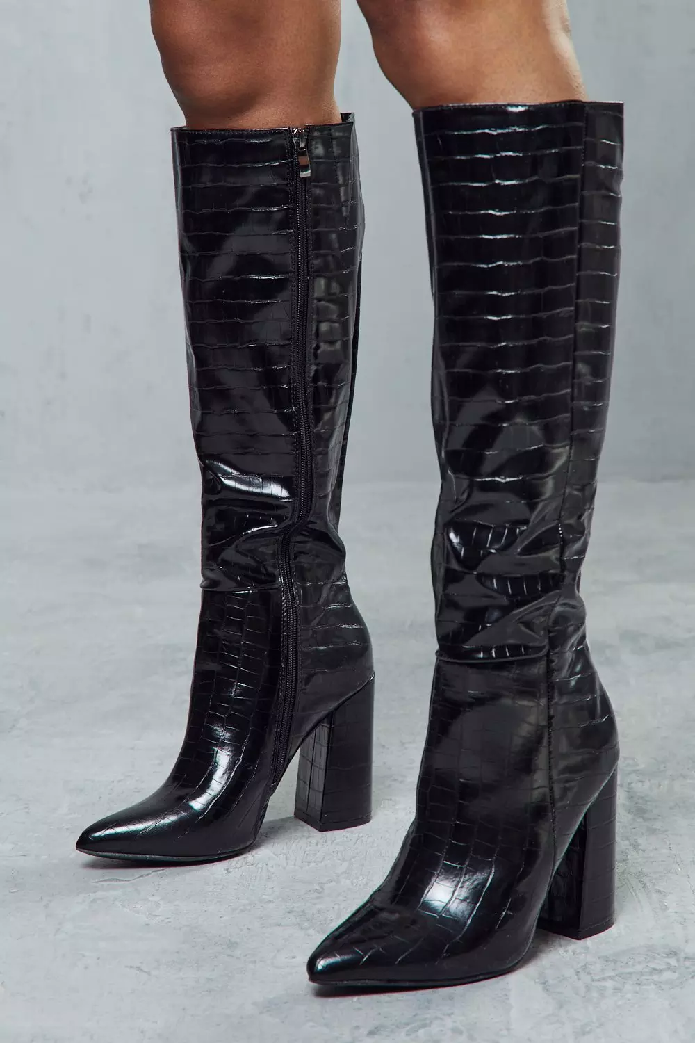 Croc Knee High Heeled Boots