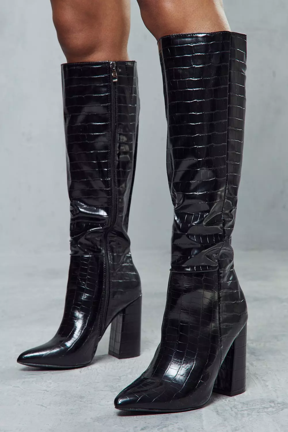 Croc effect knee high boots hot sale