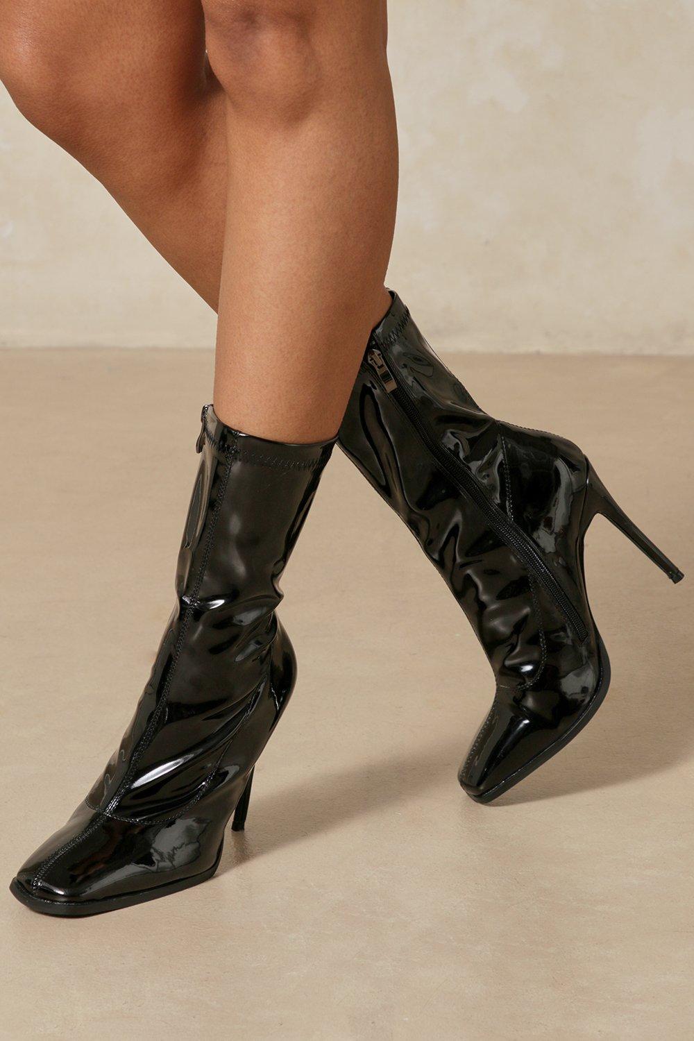 black patent square toe boots