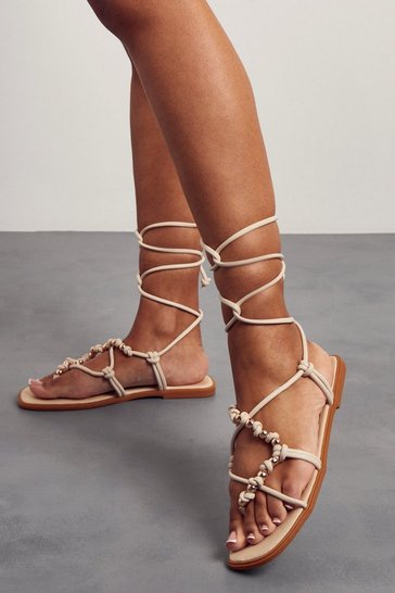 BEIGE NUDE STRAPPY LACE UP FASHION GLADIATOR NEW HOT SANDAL FEATHER BEADS 