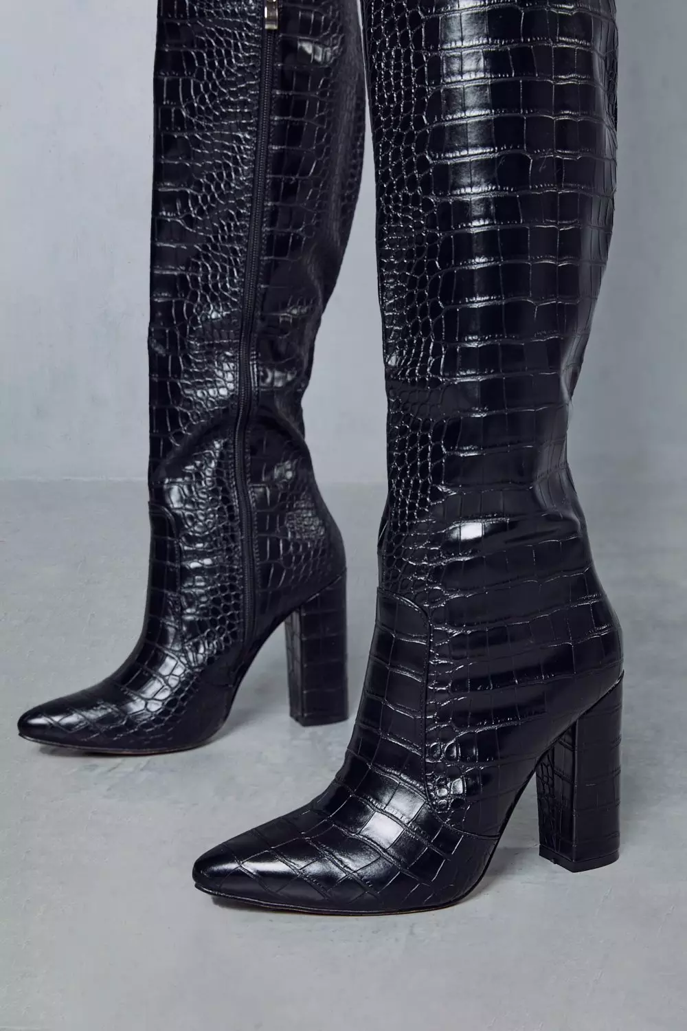 Black croc print discount knee high boots