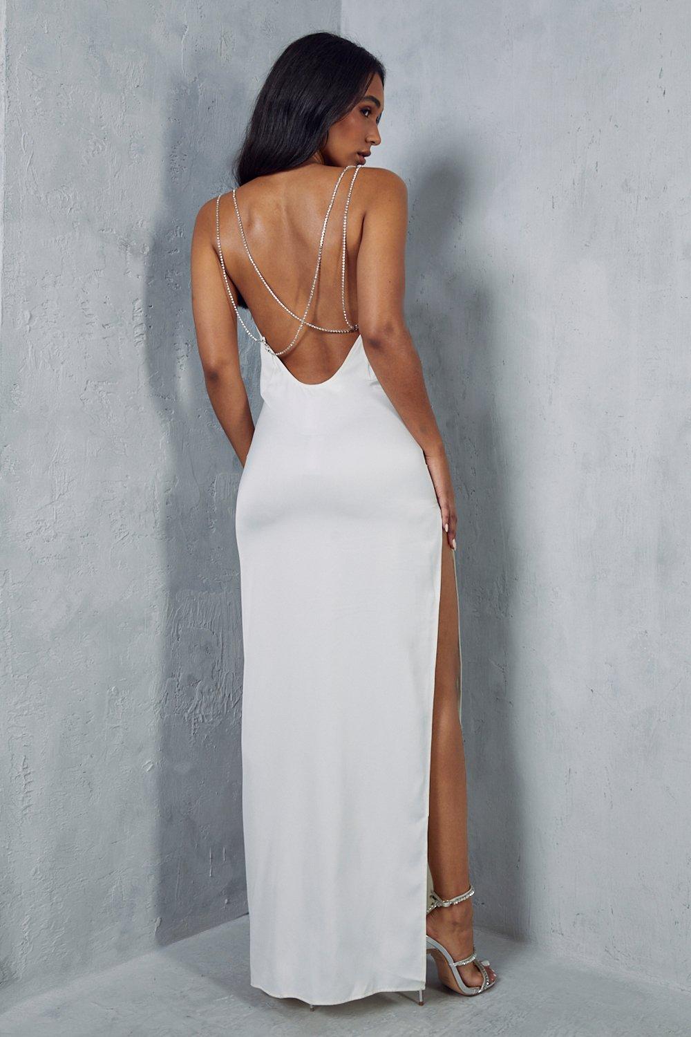 Premium Satin Cowl Neck Diamante Backless Maxi Dress | Misspap UK