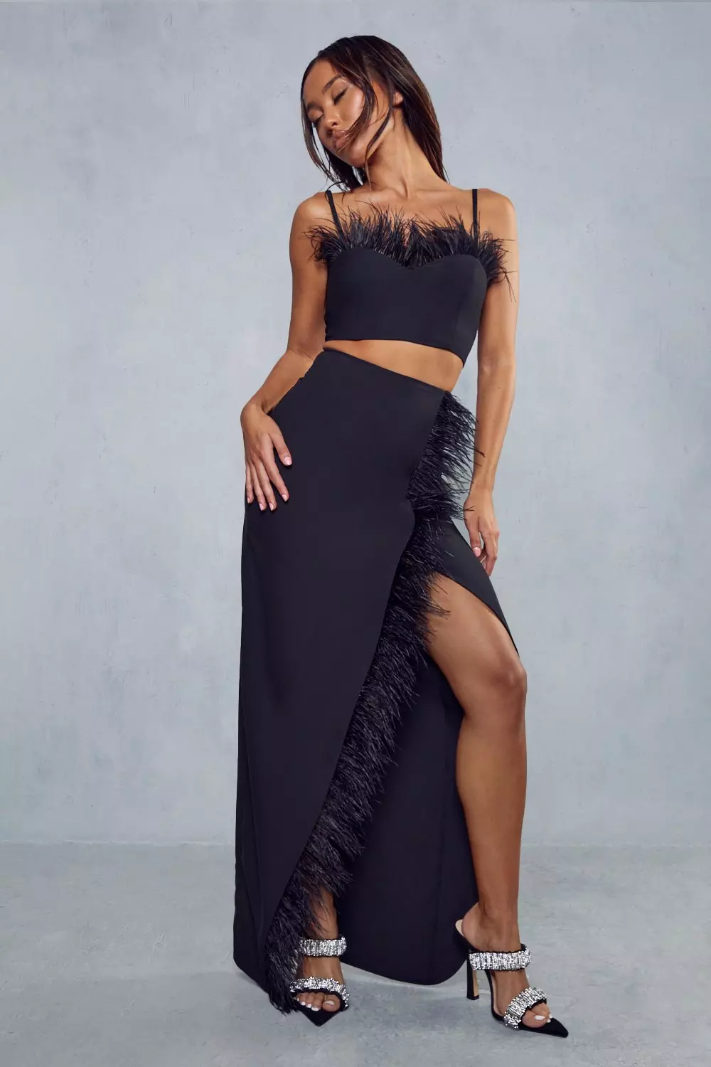 Premium Feather Top u0026 Wrap Skirt Co-ord | Misspap UK
