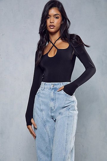 Slacks Denim Jeans V-Neck Hollow Blouse Shirt Trend Knotted Blouse Fall Lightweight Pullover Sweatshirt Match with Shorts Lazapa Short Tops for Women 