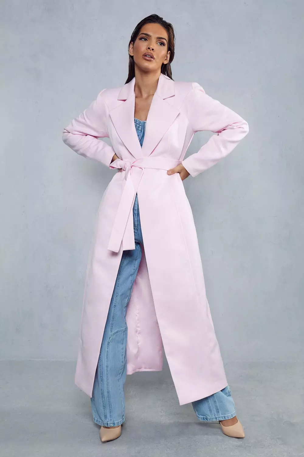 Premium Satin Cinched Waist Trench Coat