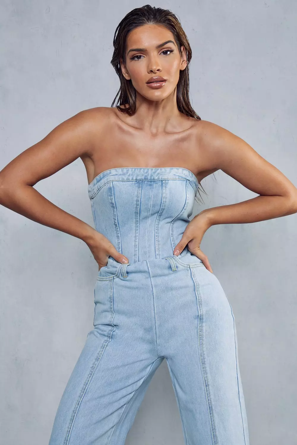 Jean Jumpsuits Shorts with ripped and button up design