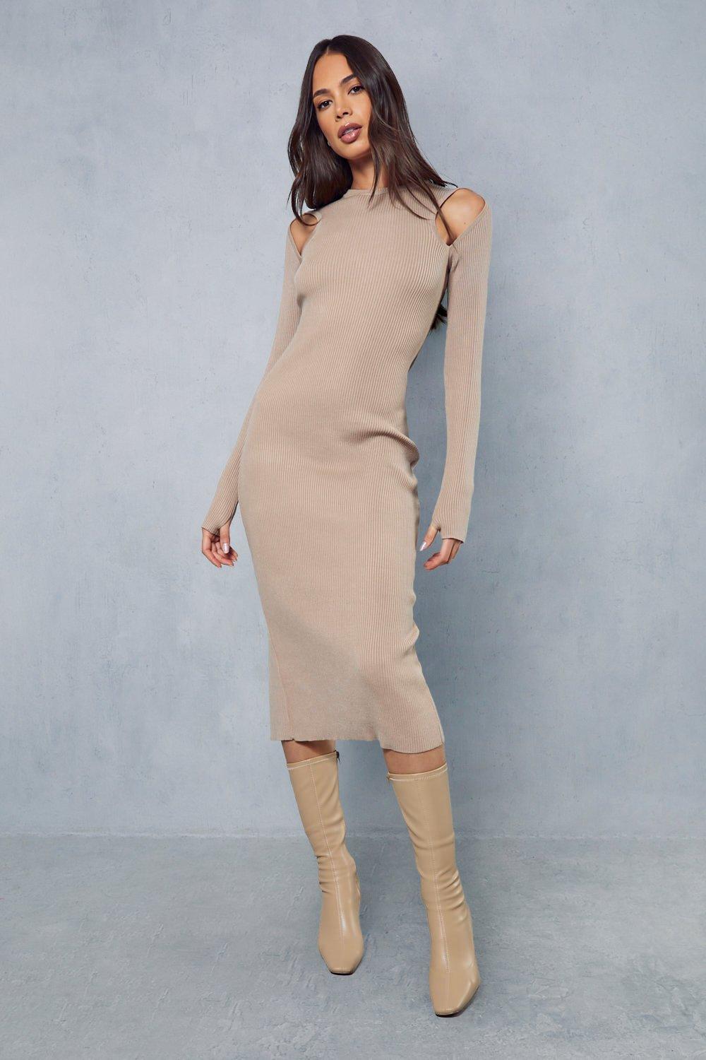 Stone V Neck Side Split Knit Midi Dress