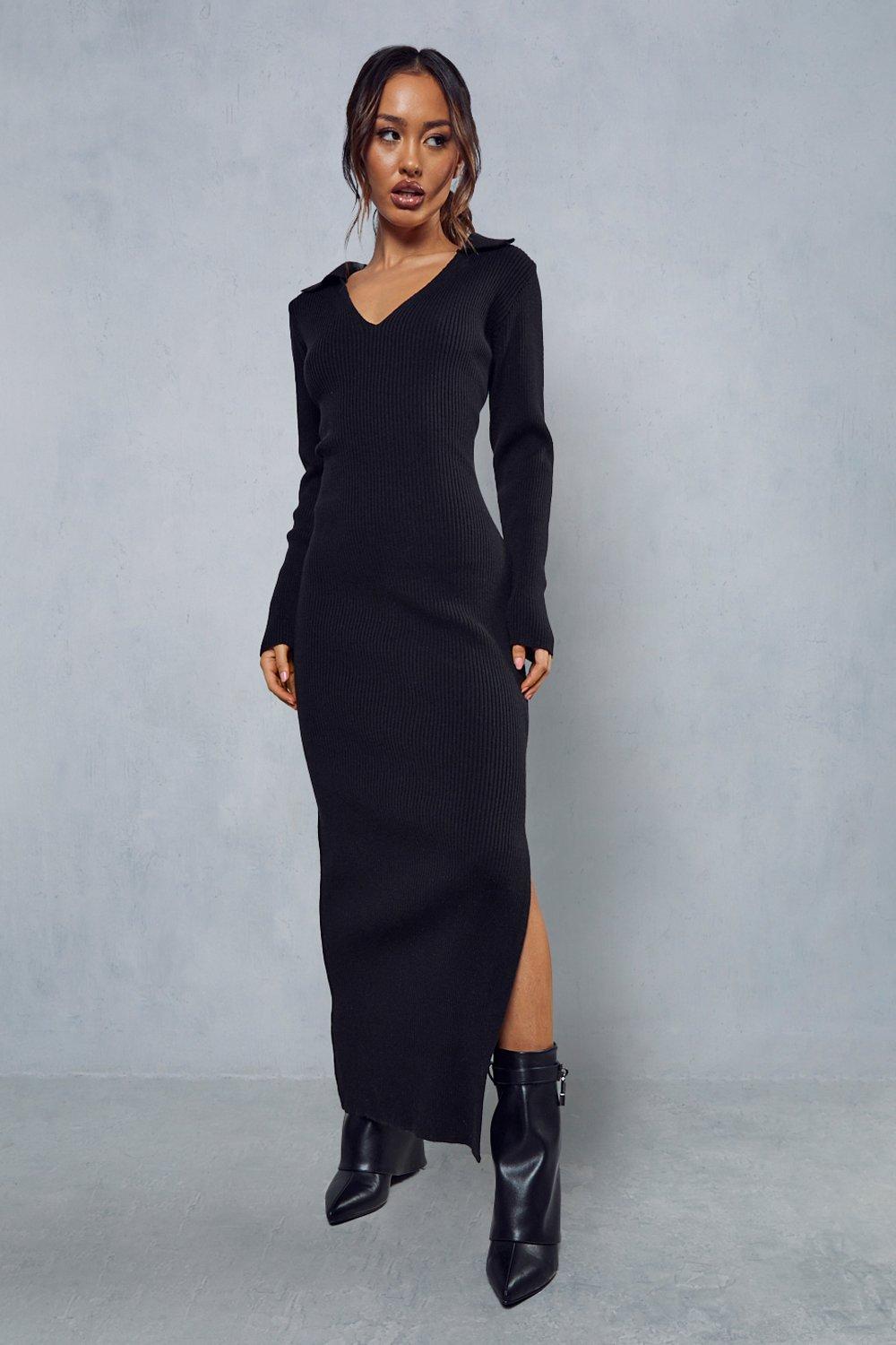 Knitted Collar Detail Split Maxi Dress | Misspap UK