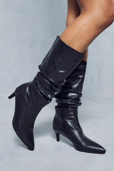 Black Leather Look Mid Heel Ankle Boot