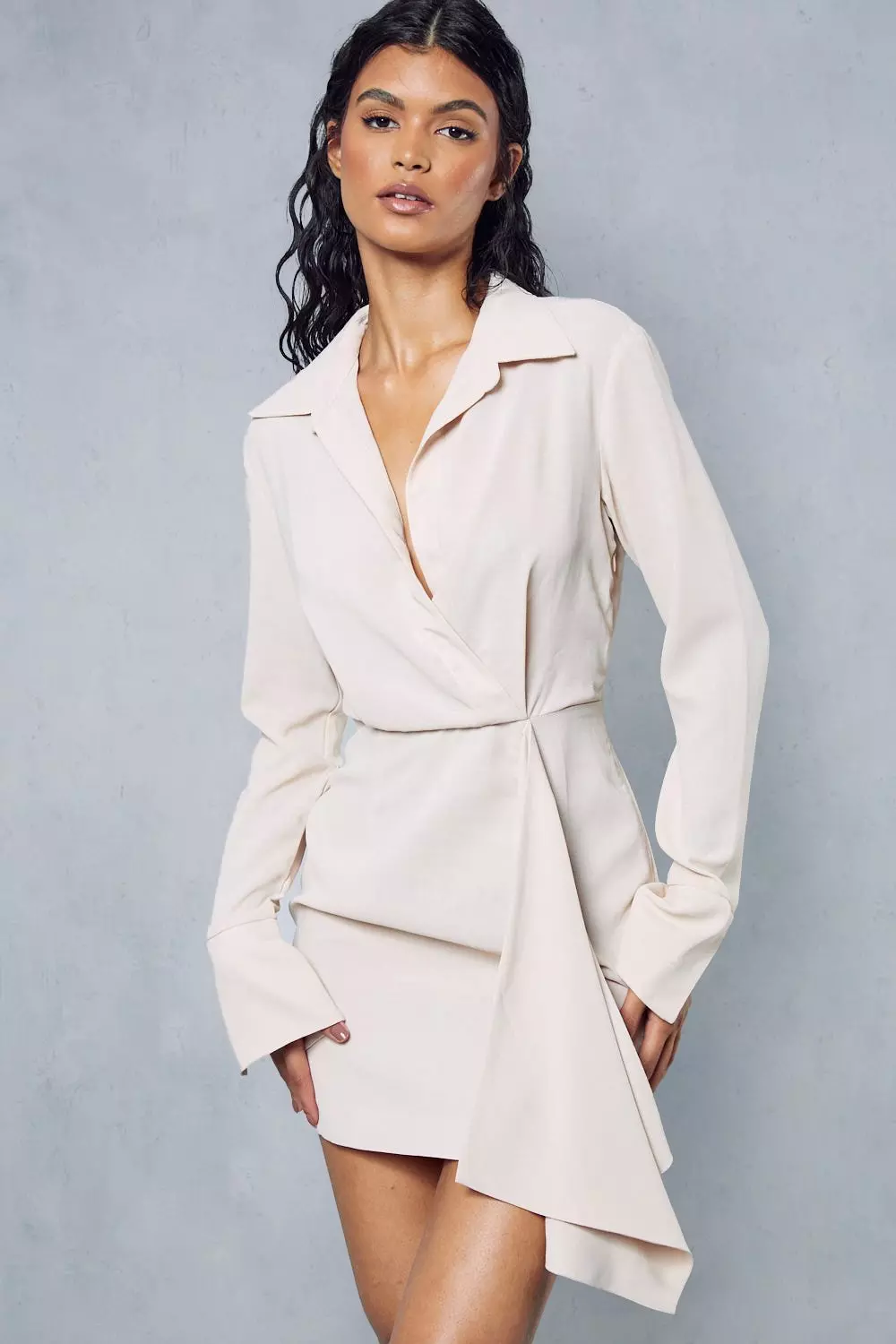 Textured Drape Detail Split Sleeve Shirt Dress