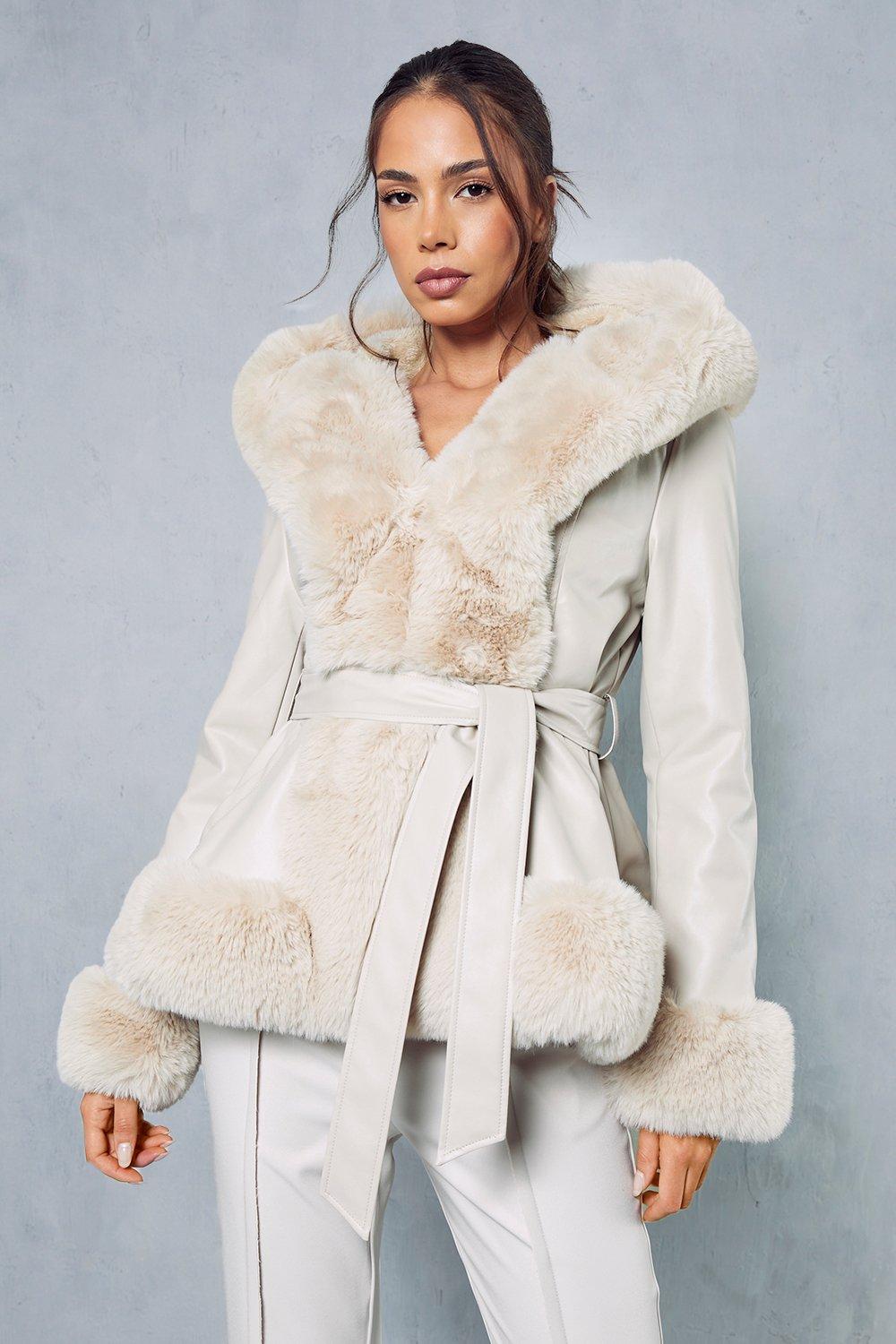 Faux Fur Leather Look Belted Coat | Misspap UK