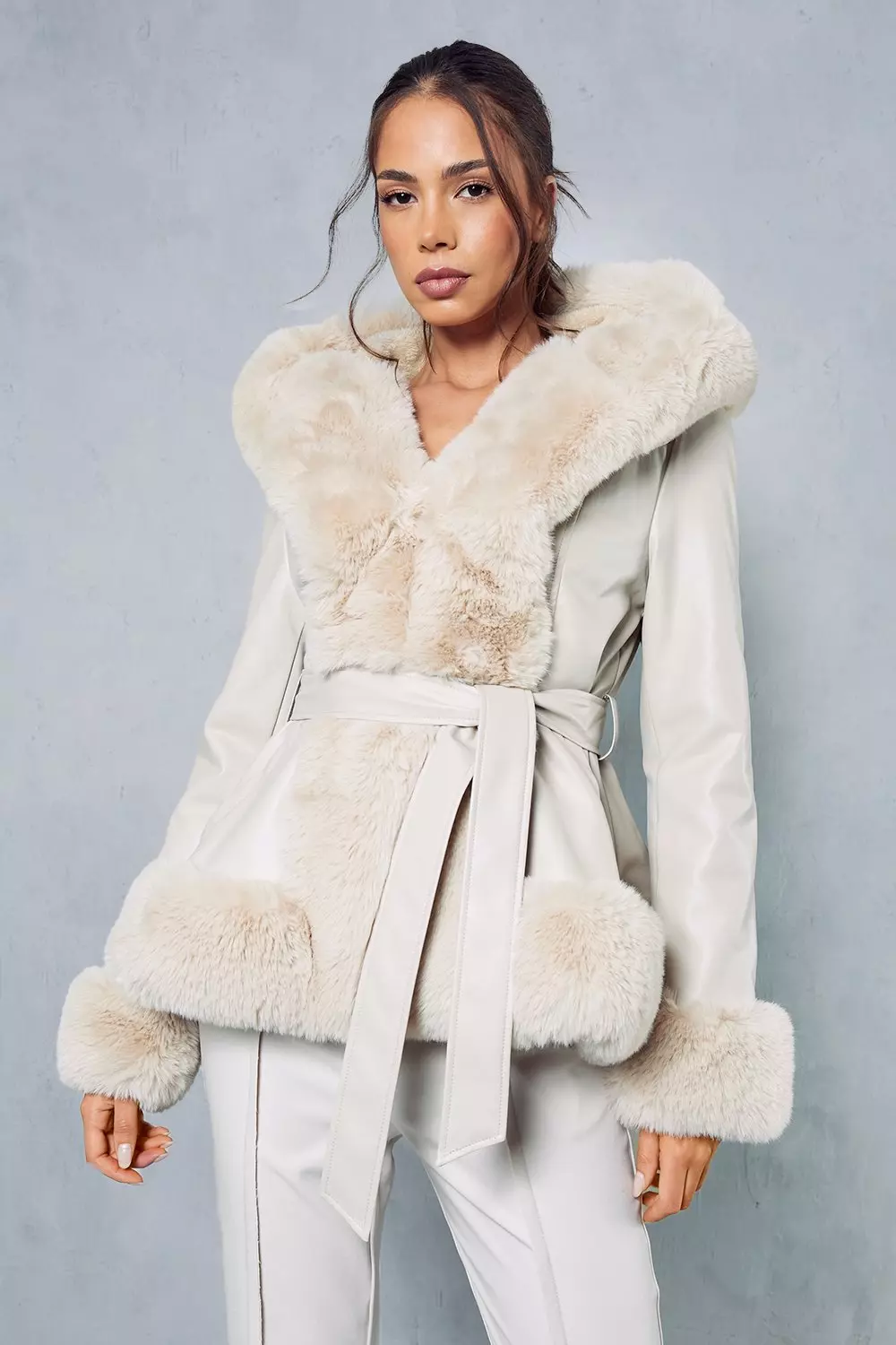 Faux Fur Leather Look Belted Coat | Misspap UK